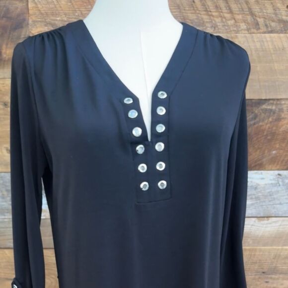 Michael Kors Black V-neck Long roll Sleeve Dress with Silver eyelet Details Sz M - Picture 2 of 12